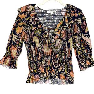 Love The Label Blouse Womens Small Black Multi Smocked Floral Boho Peasant Top